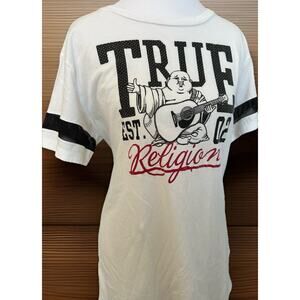 VTG True Religion Women's Buddha XL Shirt Logo World Tour Mesh Slimming RARE Y2K
